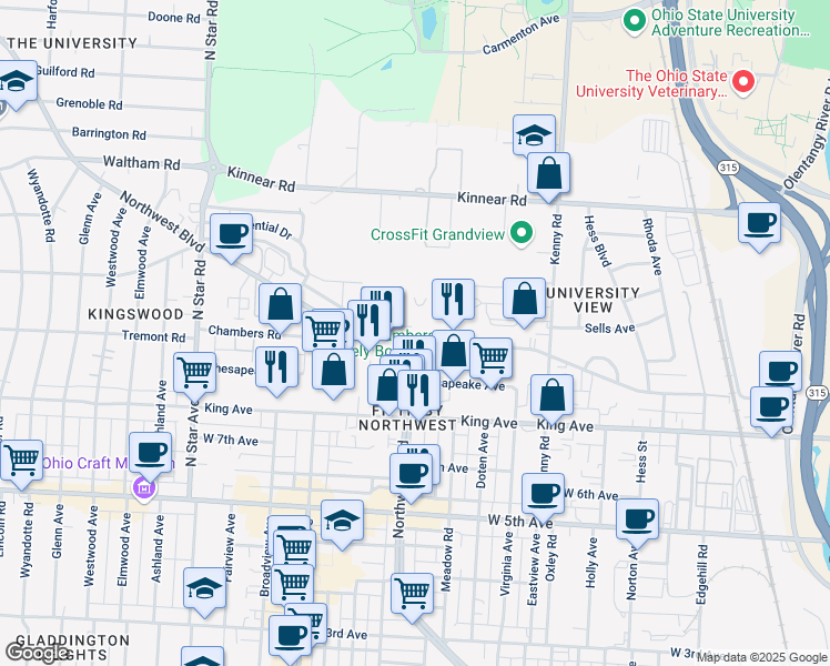 map of restaurants, bars, coffee shops, grocery stores, and more near 1190 Chambers Road in Columbus