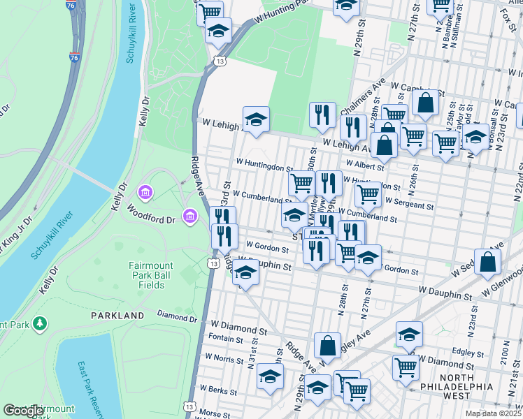 map of restaurants, bars, coffee shops, grocery stores, and more near 2445 North Patton Street in Philadelphia