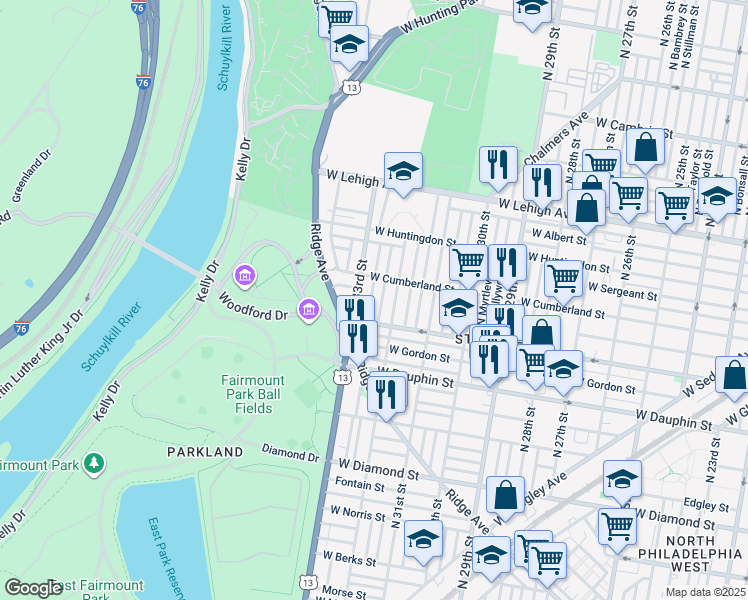 map of restaurants, bars, coffee shops, grocery stores, and more near 2435 North Douglas Street in Philadelphia