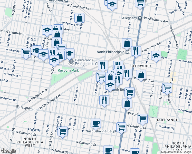 map of restaurants, bars, coffee shops, grocery stores, and more near 2639 North Bouvier Street in Philadelphia