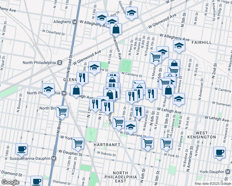 map of restaurants, bars, coffee shops, grocery stores, and more near in Philadelphia