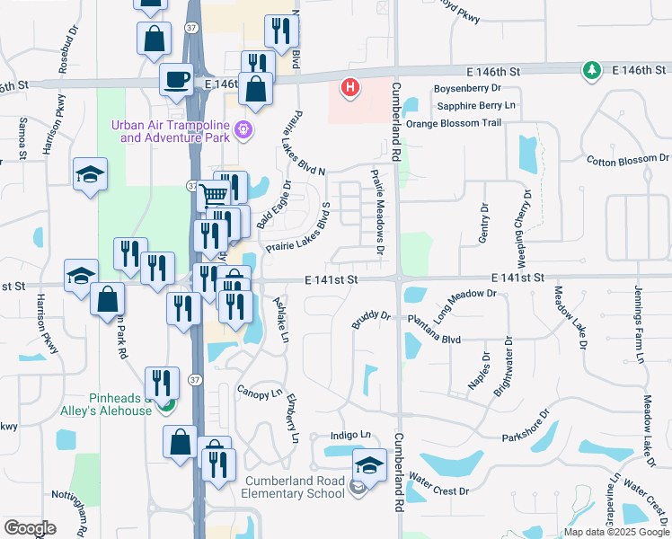 map of restaurants, bars, coffee shops, grocery stores, and more near 9630 Rolling Plain Drive in Noblesville