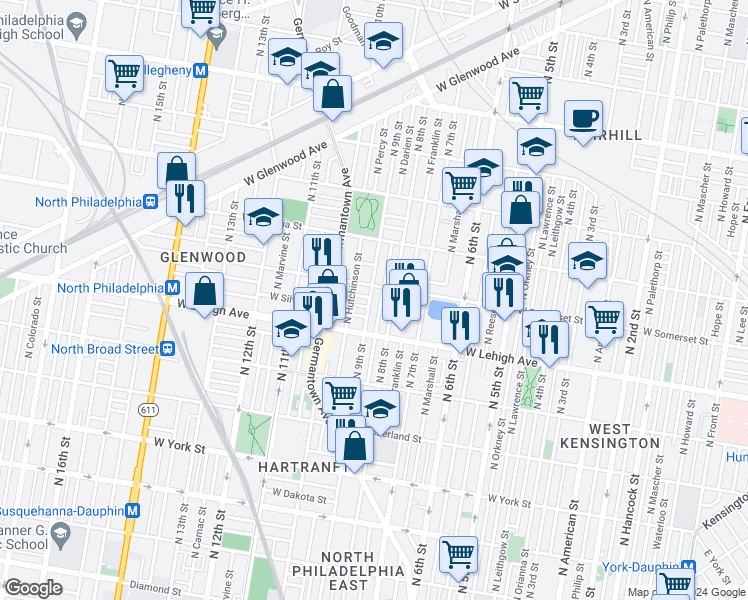 map of restaurants, bars, coffee shops, grocery stores, and more near 2745 North 9th Street in Philadelphia