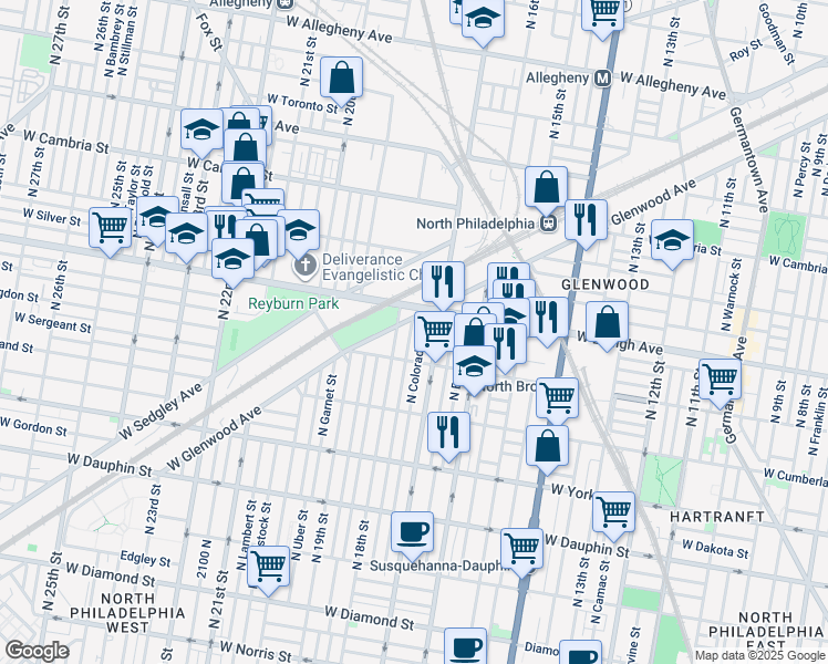 map of restaurants, bars, coffee shops, grocery stores, and more near 2639 North Bouvier Street in Philadelphia