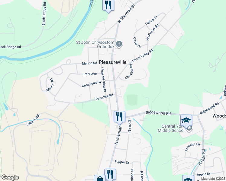 map of restaurants, bars, coffee shops, grocery stores, and more near 2120 North Sherman Street in York