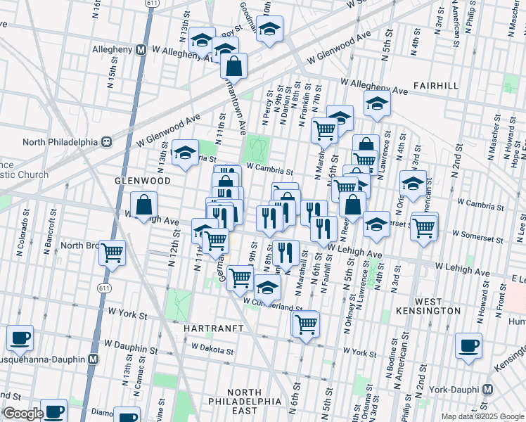 map of restaurants, bars, coffee shops, grocery stores, and more near 2745 North 9th Street in Philadelphia