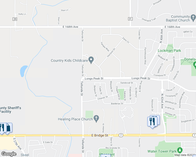 map of restaurants, bars, coffee shops, grocery stores, and more near Longs Peak Street in Brighton