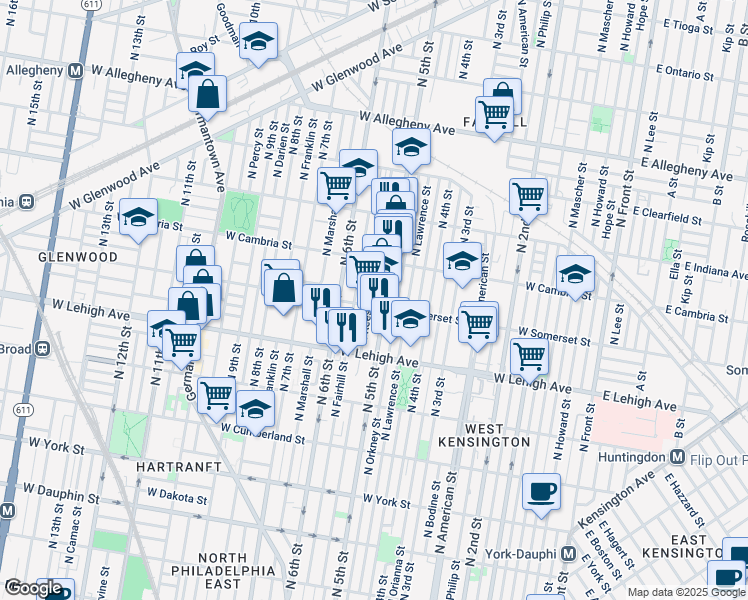 map of restaurants, bars, coffee shops, grocery stores, and more near 2807 North Reese Street in Philadelphia