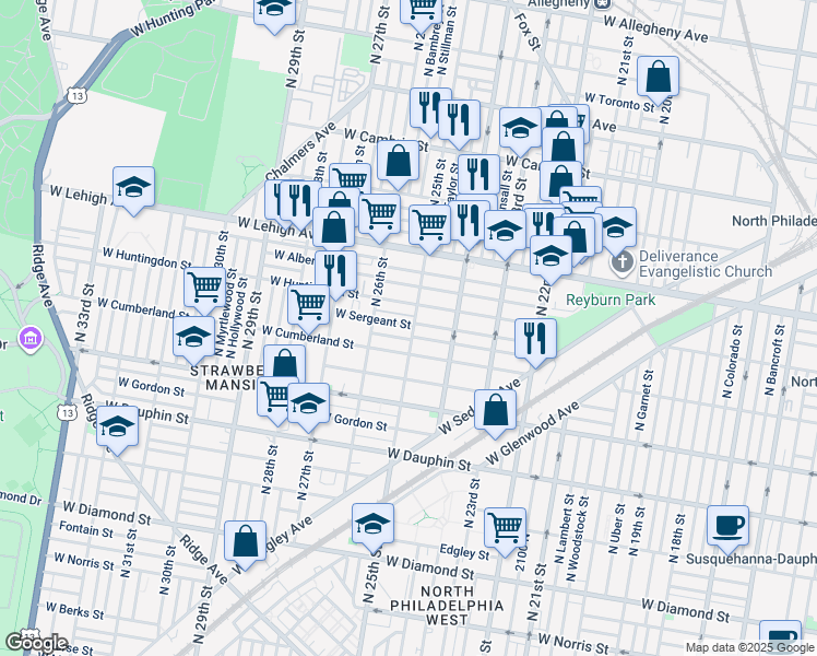 map of restaurants, bars, coffee shops, grocery stores, and more near 2530 North 25th Street in Philadelphia