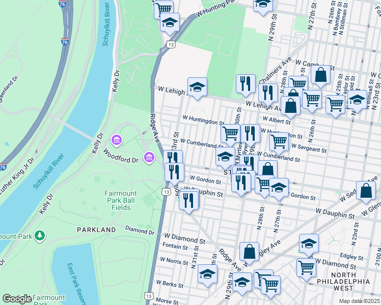 map of restaurants, bars, coffee shops, grocery stores, and more near 2436 North 32nd Street in Philadelphia