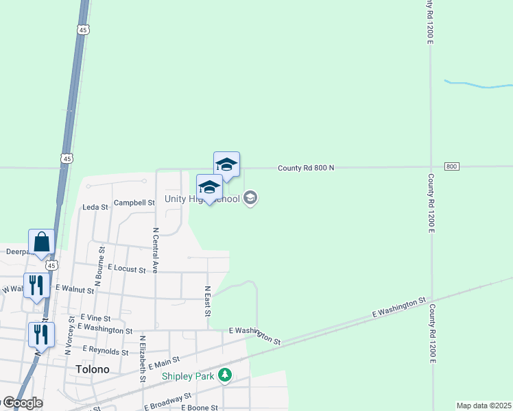 map of restaurants, bars, coffee shops, grocery stores, and more near 1127 County Road 800 North in Tolono