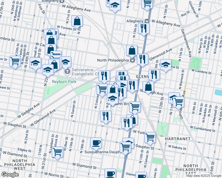 map of restaurants, bars, coffee shops, grocery stores, and more near 2657 North Bancroft Street in Philadelphia