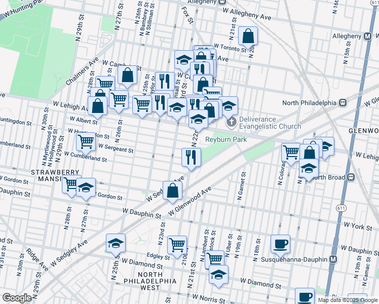 map of restaurants, bars, coffee shops, grocery stores, and more near 2552 North 22nd Street in Philadelphia