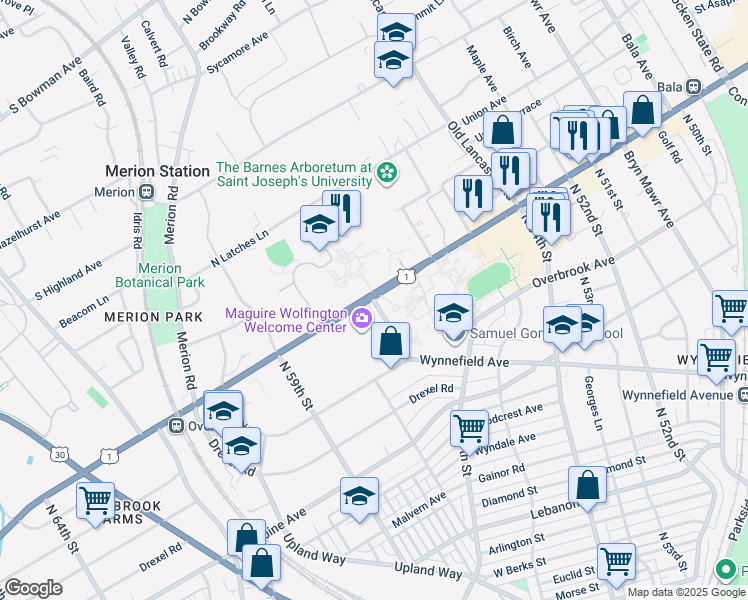 map of restaurants, bars, coffee shops, grocery stores, and more near 5700 City Avenue in Philadelphia
