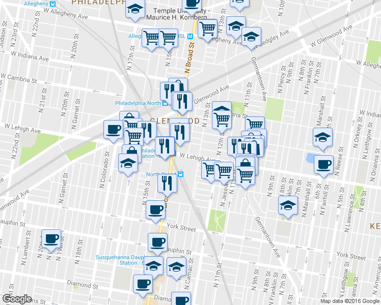 map of restaurants, bars, coffee shops, grocery stores, and more near 1323 West Lehigh Avenue in Philadelphia