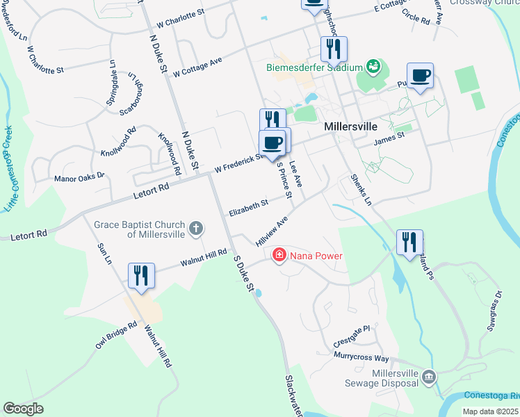 map of restaurants, bars, coffee shops, grocery stores, and more near 146 Elizabeth Street in Millersville