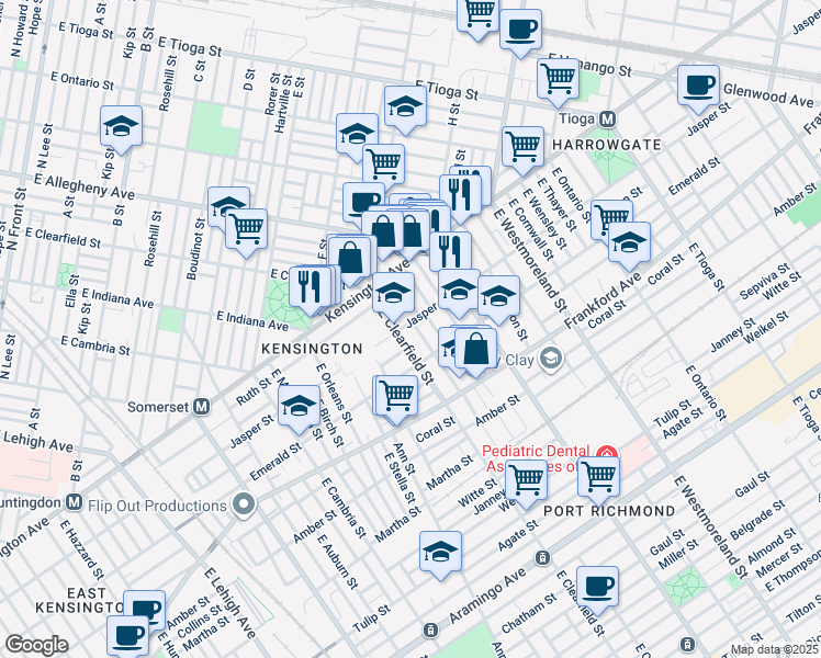 map of restaurants, bars, coffee shops, grocery stores, and more near 1860 East Clementine Street in Philadelphia
