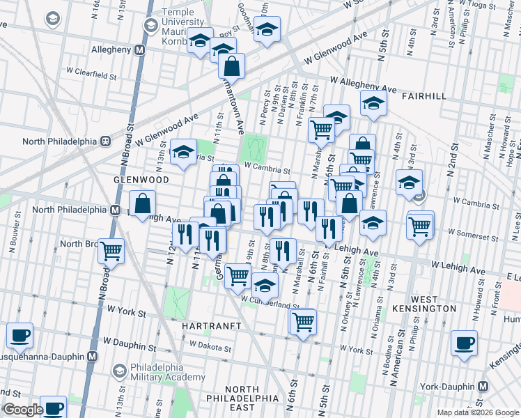 map of restaurants, bars, coffee shops, grocery stores, and more near 2801 North 9th Street in Philadelphia