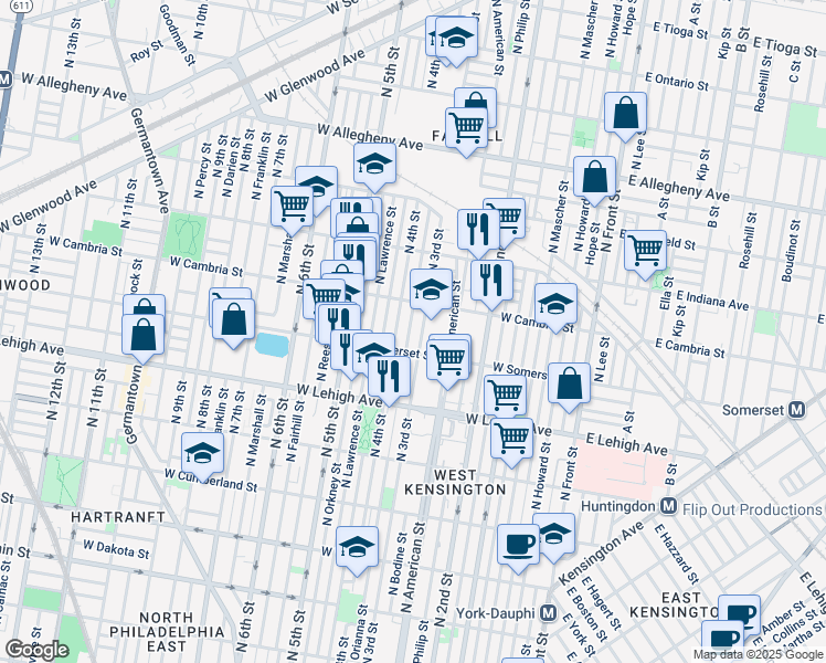 map of restaurants, bars, coffee shops, grocery stores, and more near 2831 North Orianna Street in Philadelphia