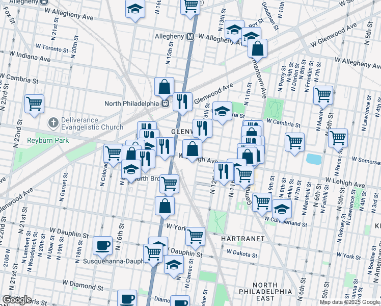 map of restaurants, bars, coffee shops, grocery stores, and more near 1323 West Lehigh Avenue in Philadelphia