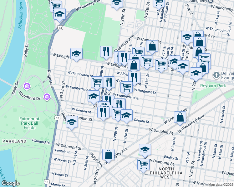 map of restaurants, bars, coffee shops, grocery stores, and more near 2831 West Cumberland Street in Philadelphia