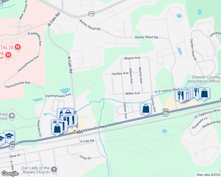map of restaurants, bars, coffee shops, grocery stores, and more near 260 Watson Avenue in Coatesville
