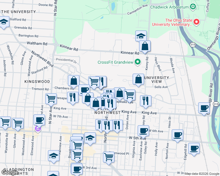 map of restaurants, bars, coffee shops, grocery stores, and more near 1200 Chambers Road in Columbus