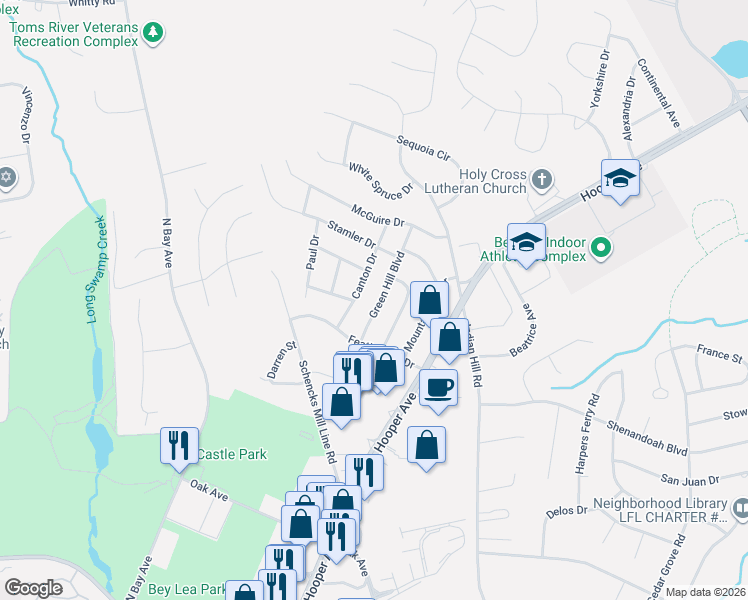 map of restaurants, bars, coffee shops, grocery stores, and more near 972 Green Hill Boulevard in Toms River