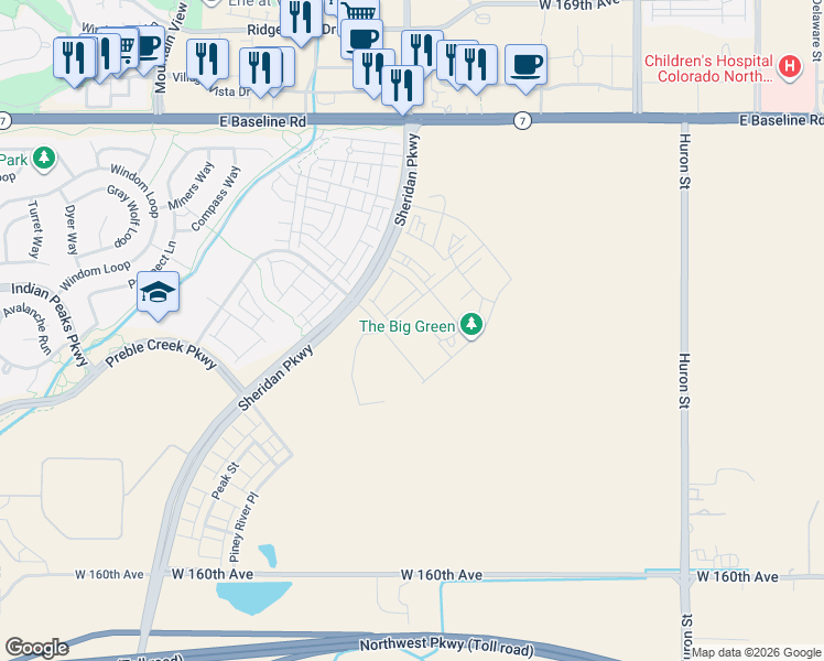 map of restaurants, bars, coffee shops, grocery stores, and more near 16380-16746 Sheridan Parkway in Broomfield