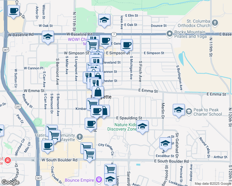 map of restaurants, bars, coffee shops, grocery stores, and more near 403 East Emma Street in Lafayette