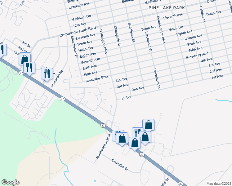 map of restaurants, bars, coffee shops, grocery stores, and more near 204 Northampton Boulevard in Toms River