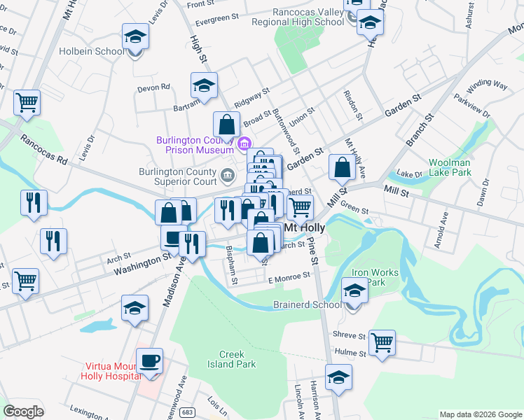 map of restaurants, bars, coffee shops, grocery stores, and more near 36 High Street in Mount Holly