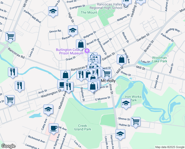 map of restaurants, bars, coffee shops, grocery stores, and more near 4 Commerce Street in Mount Holly
