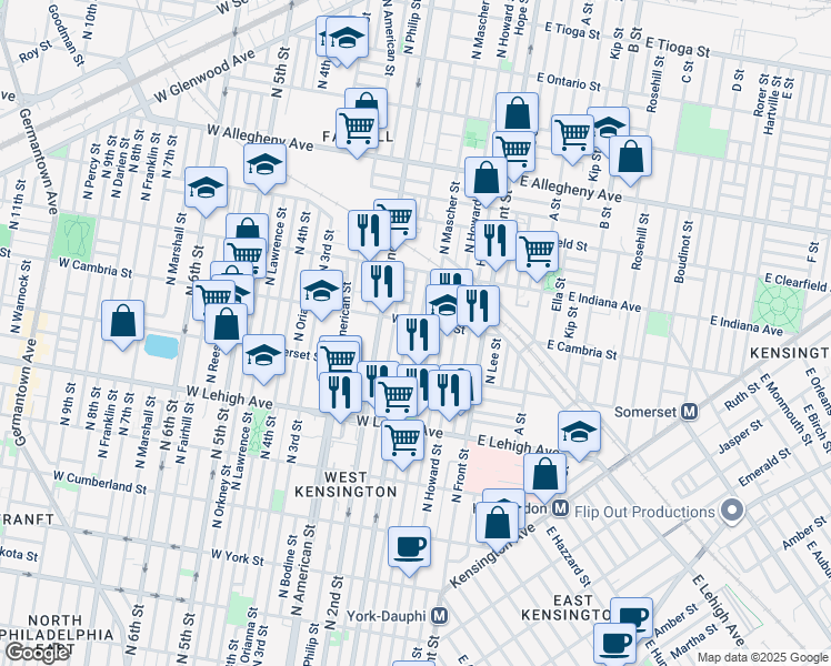 map of restaurants, bars, coffee shops, grocery stores, and more near 2858 Mutter Street in Philadelphia