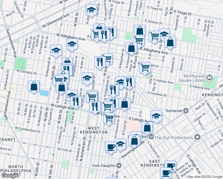map of restaurants, bars, coffee shops, grocery stores, and more near 189 West Cambria Street in Philadelphia