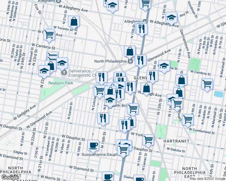 map of restaurants, bars, coffee shops, grocery stores, and more near 1553 West Oakdale Street in Philadelphia