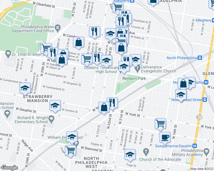 map of restaurants, bars, coffee shops, grocery stores, and more near 2606 North 23rd Street in Philadelphia