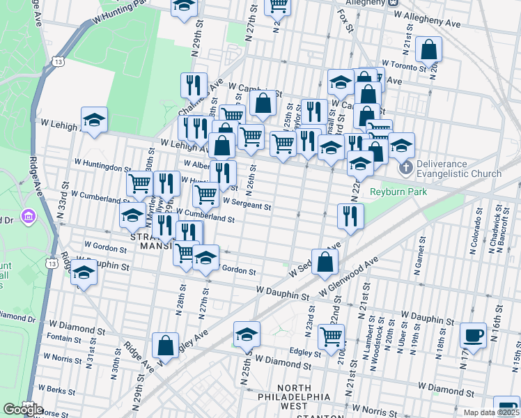 map of restaurants, bars, coffee shops, grocery stores, and more near 2534 West Huntingdon Street in Philadelphia