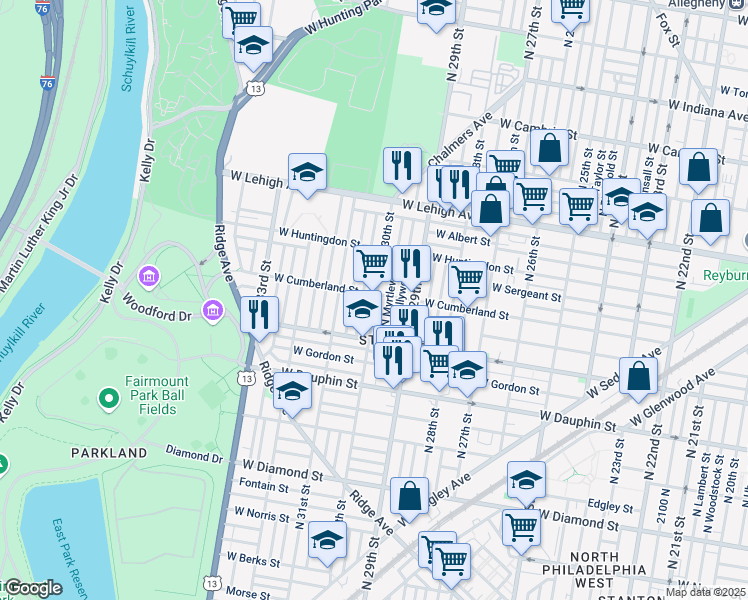map of restaurants, bars, coffee shops, grocery stores, and more near 2506 North Corlies Street in Philadelphia
