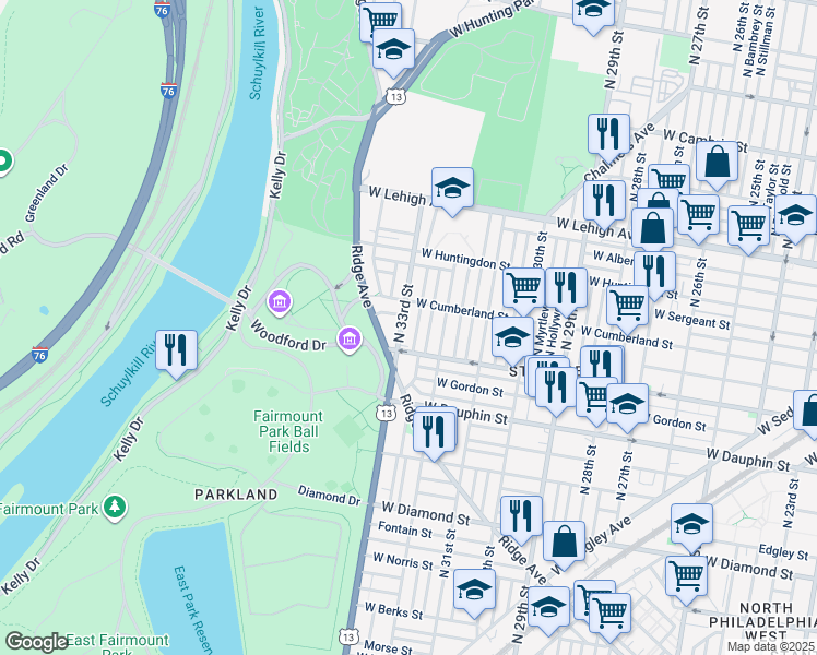 map of restaurants, bars, coffee shops, grocery stores, and more near 2444 North 33rd Street in Philadelphia