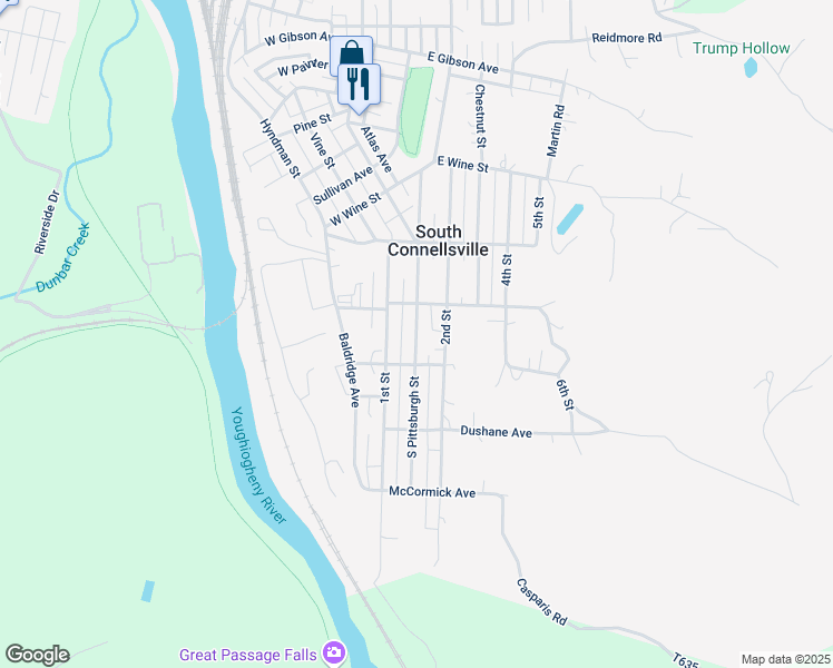 map of restaurants, bars, coffee shops, grocery stores, and more near 1910 S Pittsburgh St in Connellsville