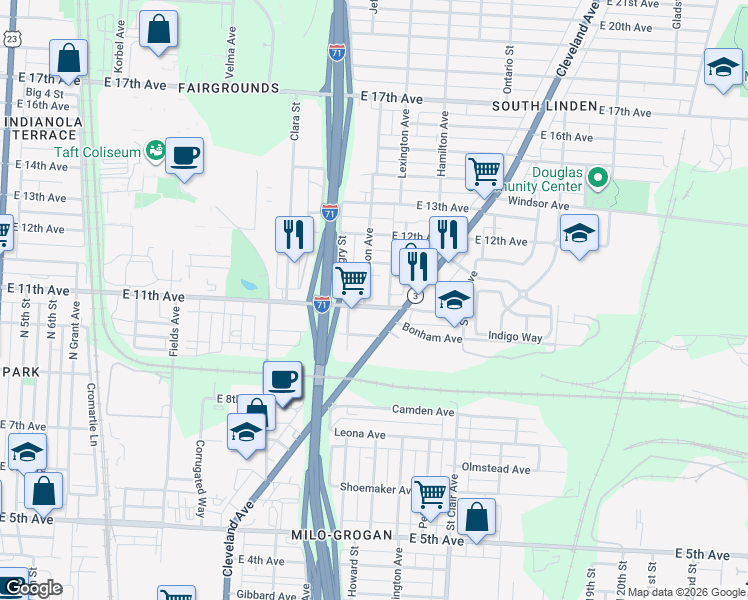 map of restaurants, bars, coffee shops, grocery stores, and more near 880 East 11th Avenue in Columbus