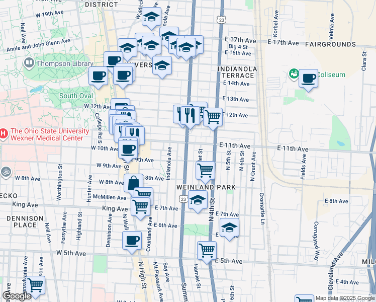 map of restaurants, bars, coffee shops, grocery stores, and more near 218 East 11th Avenue in Columbus