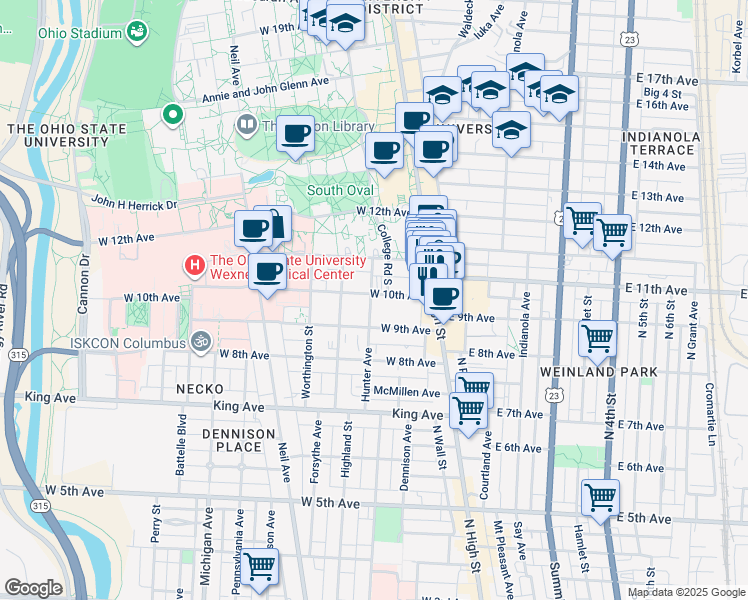 map of restaurants, bars, coffee shops, grocery stores, and more near in Columbus