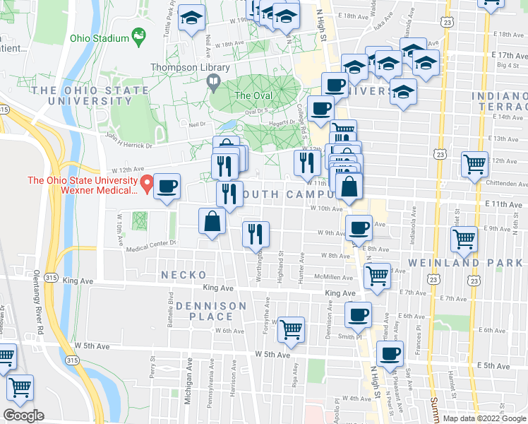 map of restaurants, bars, coffee shops, grocery stores, and more near in Columbus