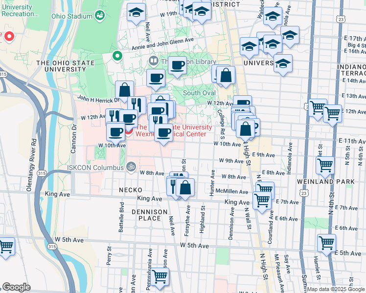 map of restaurants, bars, coffee shops, grocery stores, and more near 230 West 10th Avenue in Columbus