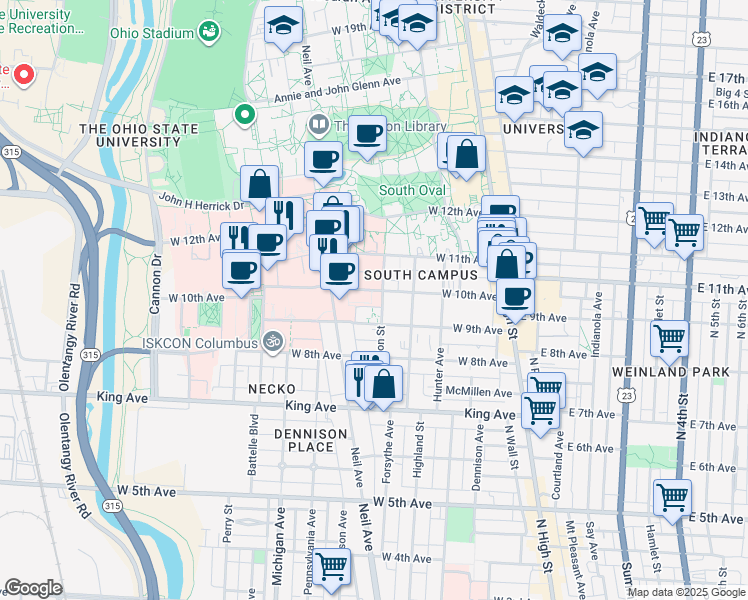 map of restaurants, bars, coffee shops, grocery stores, and more near 230 West 10th Avenue in Columbus