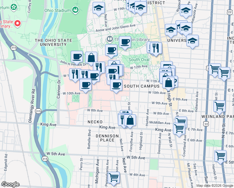 map of restaurants, bars, coffee shops, grocery stores, and more near in Columbus