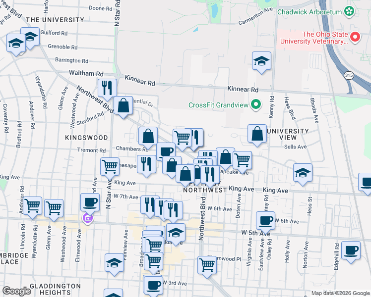 map of restaurants, bars, coffee shops, grocery stores, and more near 1758 Northwest Boulevard in Columbus