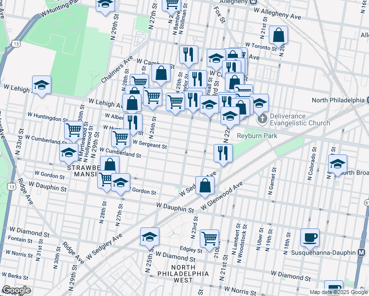 map of restaurants, bars, coffee shops, grocery stores, and more near 2538 North 24th Street in Philadelphia